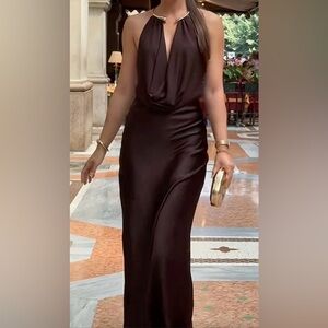 Halter Cowl Neck Backless Satin Maxi